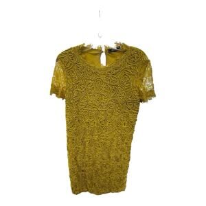 ZARA Trafaluc Yellow Rope Textured Lace Cap Sleeve Knee Length Dress Small